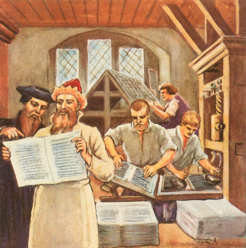 Gutenberg imprime la Bible (lithographie couleur améliorée) - Carl Arriens