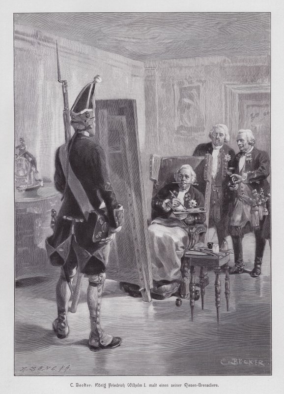 Le roi Frédéric-Guillaume Ier de Prusse peignant un grenadier de sa Garde géante de Potsdam (gravure) - Carl Ludwig Friedrich (after) Becker