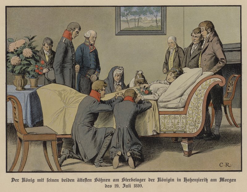 Le roi Frédéric-Guillaume III de Prusse et ses deux fils aînés au chevet de la reine Louise le matin du 19 juillet 1810 - Carl Röchling