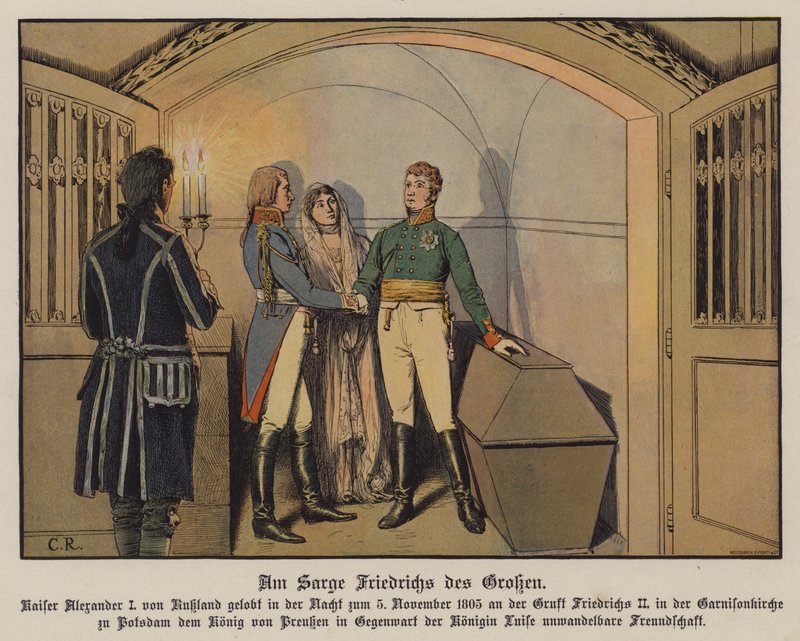 Le tsar Alexandre Ier de Russie visitant la tombe de Frédéric le Grand à Potsdam avec le roi Frédéric-Guillaume III et la reine Louise de Prusse et jurant son amitié indéfectible, 5 novembre 1805 - Carl Röchling