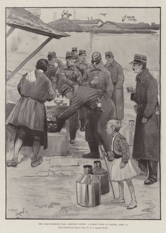La guerre gréco-turque, café du matin, une scène de rue à Larissa, 19 avril - Cecil Charles Windsor Aldin