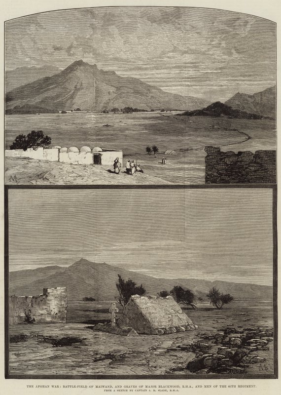 La guerre afghane, champ de bataille de Maiwand, et tombes du major Blackwood, RHA, et des hommes du 66e régiment - Charles Auguste Loye