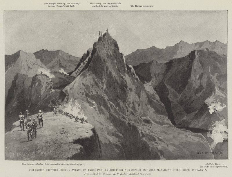 Le soulèvement de la frontière indienne, attaque du col de Tangi par les première et deuxième brigades, force de campagne de Malakand, 7 janvier - Charles Auguste Loye