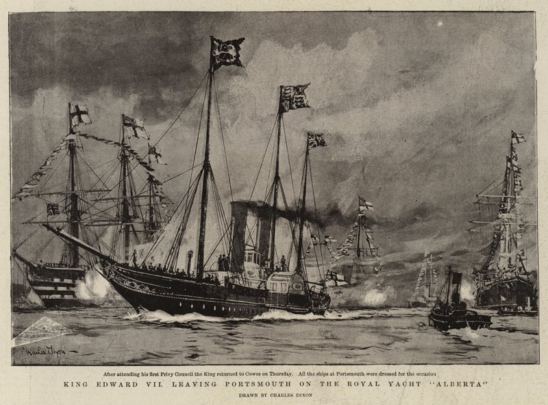 Le Roi Édouard VII quittant Portsmouth sur le Yacht Royal Alberta - Charles Edward Dixon