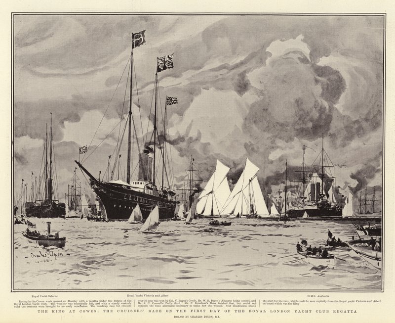 Le roi à Cowes, la course des croiseurs le premier jour de la régate du Royal London Yacht Club - Charles Edward Dixon