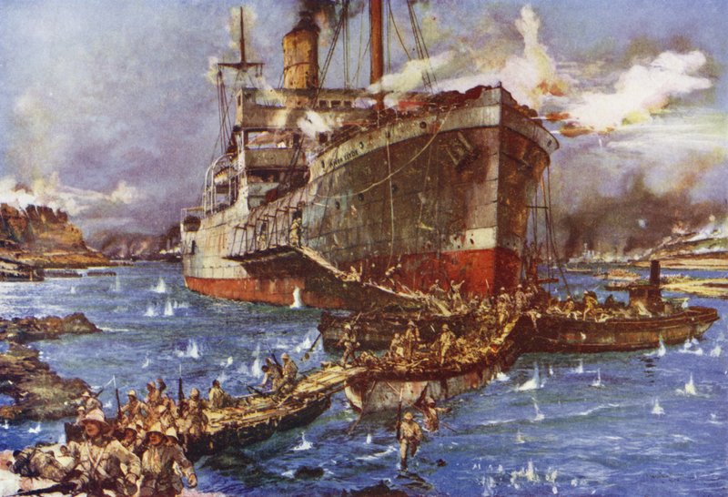 Le débarquement des troupes du River Clyde à V Beach, péninsule de Gallipoli, Turquie, 25 avril 1915 - Charles Edward Dixon