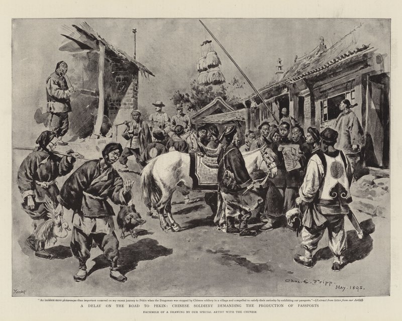 Un retard sur la route de Pékin, les soldats chinois demandant la production de passeports - Charles Edwin Fripp