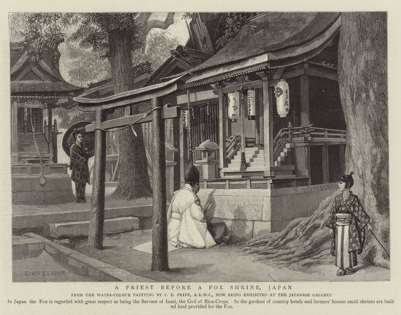 Un prêtre devant un sanctuaire de renard, Japon - Charles Edwin Fripp