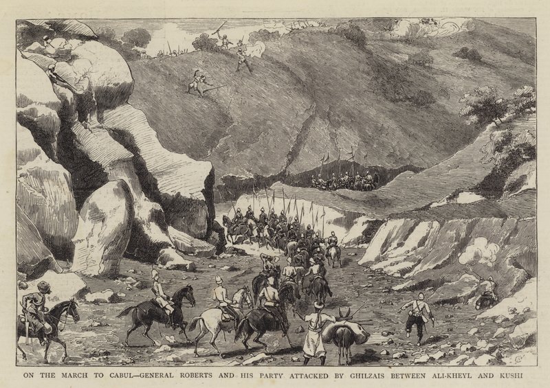 En marche vers Kaboul, le général Roberts et son groupe attaqués par les Ghilzais entre Ali-Kheyl et Kushi - Charles Edwin Fripp