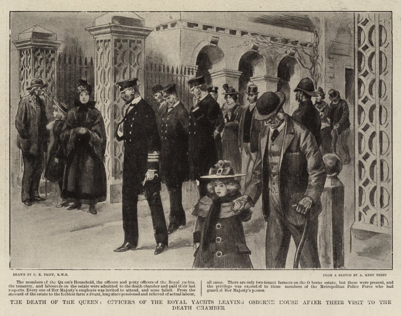 La mort de la reine, les officiers des yachts royaux quittant Osborne House après leur visite à la chambre mortuaire - Charles Edwin Fripp