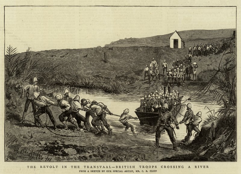 La révolte au Transvaal, les troupes britanniques traversant une rivière - Charles Edwin Fripp