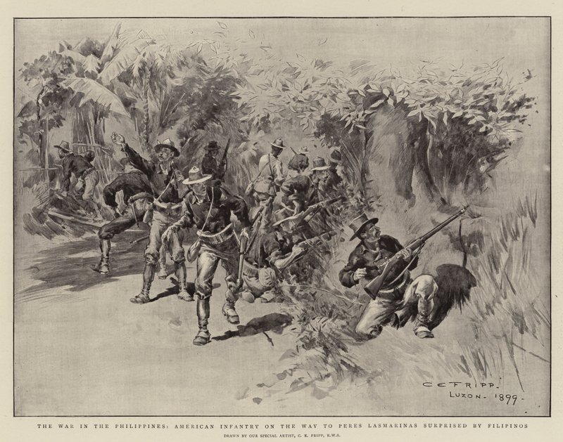 La guerre aux Philippines, infanterie américaine en route vers Peres Lasmarinas surprise par les Philippins - Charles Edwin Fripp