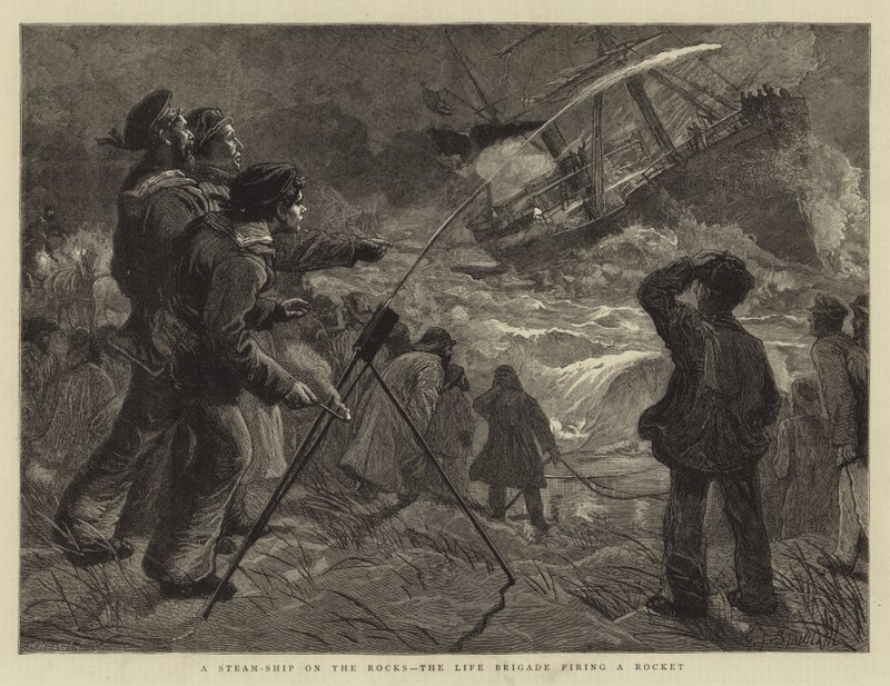 Un bateau à vapeur sur les rochers, la brigade de sauvetage tirant une fusée - Charles J. Staniland