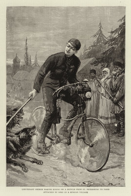 Le lieutenant George Martos à vélo de Saint-Pétersbourg à Paris attaqué par des chiens dans un village russe - Charles J. Staniland