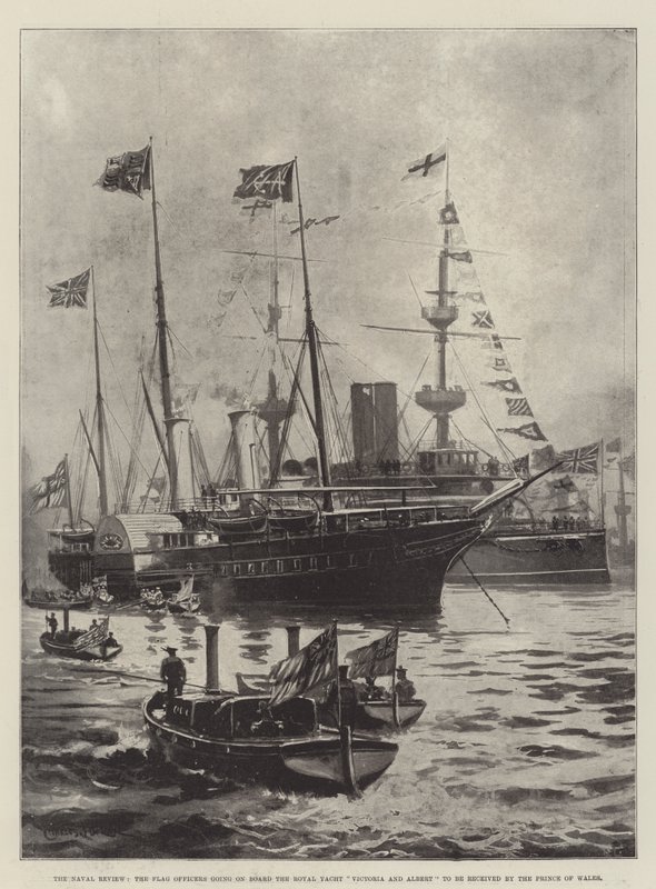 La revue navale, les officiers de pavillon embarquant à bord du yacht royal Victoria et Albert pour être reçus par le prince de Galles - Charles John de Lacy
