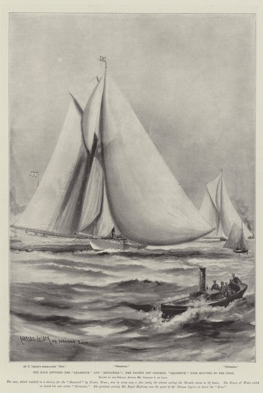 La course entre le Shamrock et le Britannia, les yachts au large d