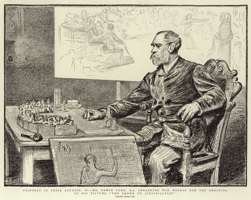 Peintres dans leurs ateliers, II, M. Edwin Long, R.A., arrangeant des modèles en cire pour le regroupement de son tableau La Couronne de la Justification - Charles Paul Renouard