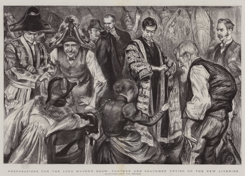 Préparatifs pour le défilé du Lord Maire, valets de pied et cochers essayant les nouvelles livrées - Charles Paul Renouard