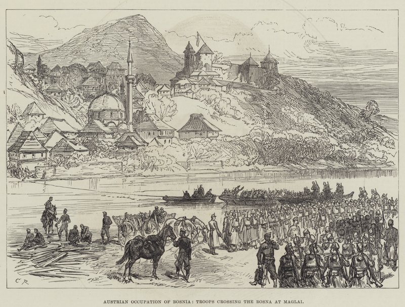 Occupation autrichienne de la Bosnie, troupes traversant la Bosna à Maglai - Sir John Charles Robinson