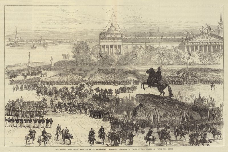 Festival bicentenaire russe à Saint-Pétersbourg, cérémonie religieuse devant la statue de Pierre le Grand - Sir John Charles Robinson