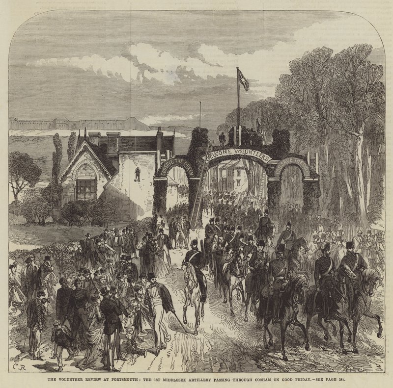 La Revue des Volontaires à Portsmouth, la 1ère Artillerie du Middlesex passant par Cosham le Vendredi Saint - Sir John Charles Robinson