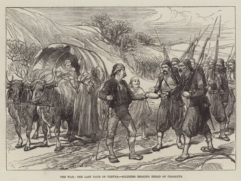 La guerre, les derniers jours de Plevna, soldats mendiant du pain aux paysans - Sir John Charles Robinson