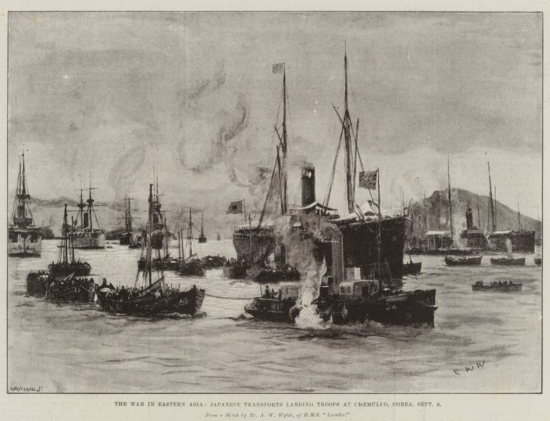 La guerre en Asie orientale, transports japonais débarquant des troupes à Chemulpo, Corée, 9 septembre - Charles William Wyllie