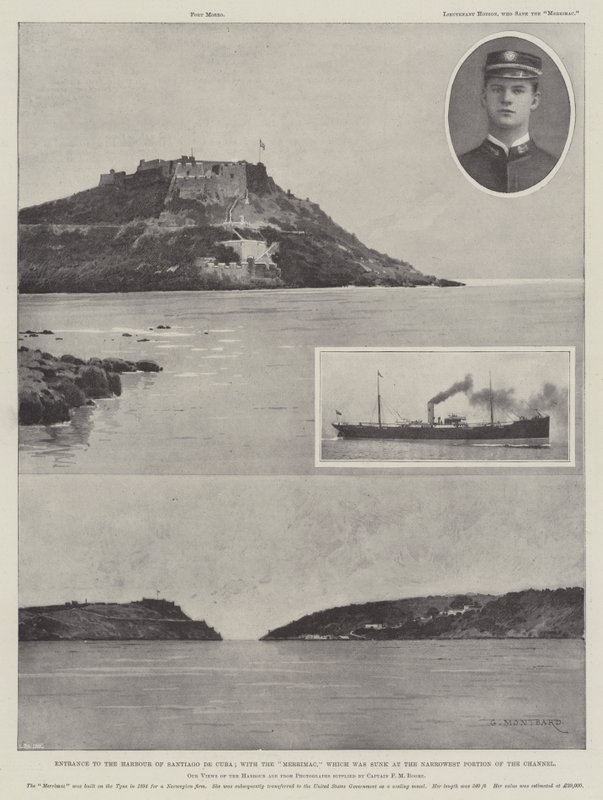 Entrée du port de Santiago de Cuba; avec le Merrimac qui a été coulé à la partie la plus étroite du chenal - Charles Auguste Loye