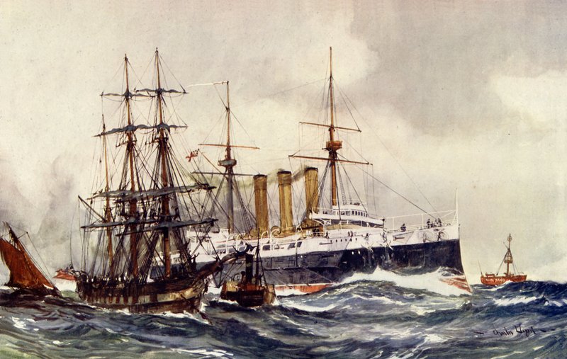 HMS Kent Passant le Phare de South Sand - Charles Edward Dixon