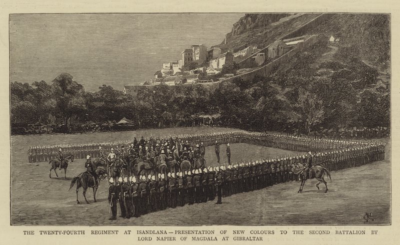 Le vingt-quatrième régiment à Isandlwana, présentation de nouvelles couleurs au deuxième bataillon par Lord Napier de Magdala à Gibraltar - Charles Edwin Fripp