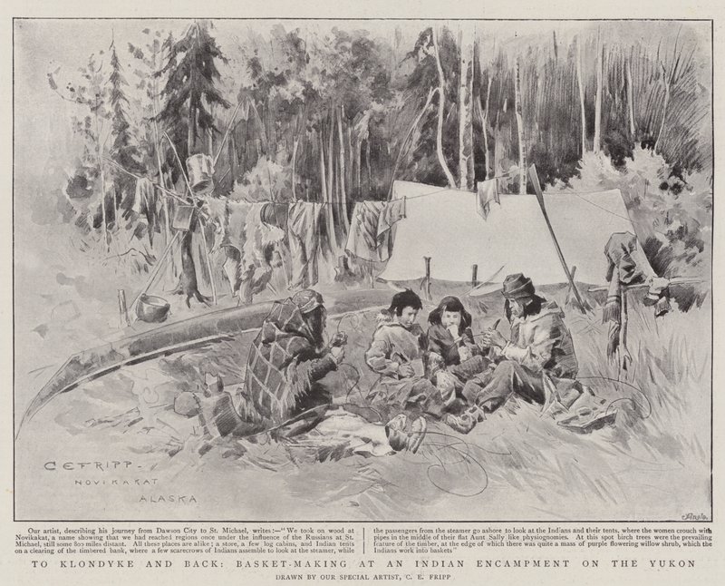 Vers le Klondyke et retour, fabrication de paniers dans un campement indien sur le Yukon - Charles Edwin Fripp