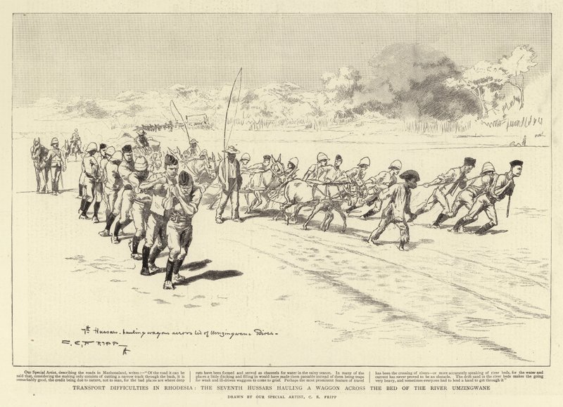 Difficultés de transport en Rhodésie, les septièmes hussards tirant un chariot à travers le lit de la rivière Umzingwane - Charles Edwin Fripp