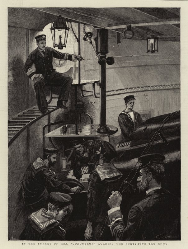 Dans la tourelle du HMS Conqueror, chargement des canons de quarante-cinq tonnes - Charles J. Staniland