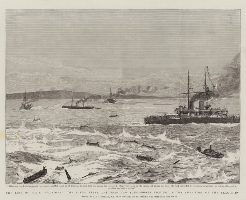 La perte du HMS Victoria, la scène après le naufrage du navire, des bateaux récupérant les survivants du navire amiral - Charles J. Staniland