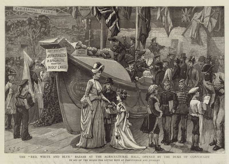 Le bazar rouge, blanc et bleu au Hall agricole, ouvert par le duc de Connaught - Charles J. Staniland
