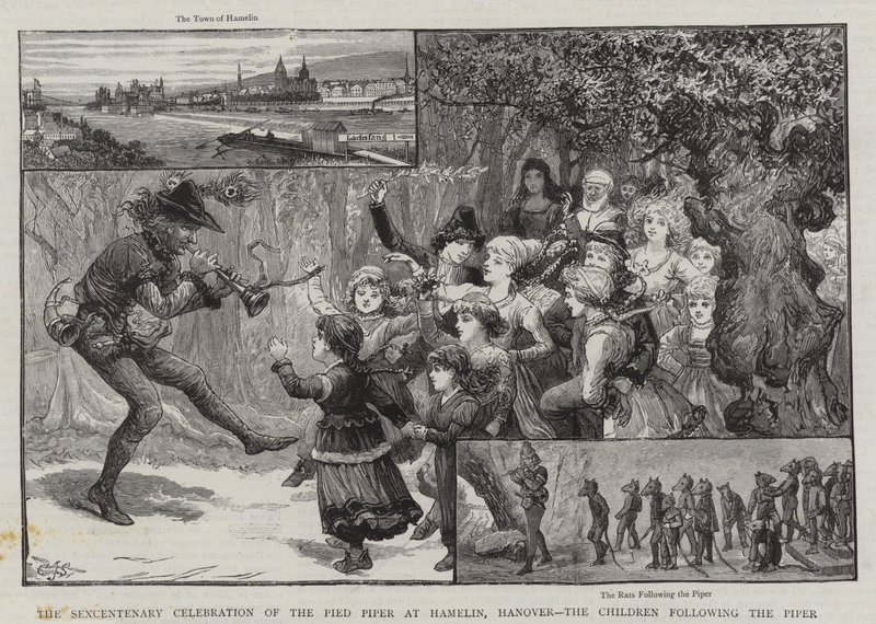 Célébration du sexcentenaire du Joueur de Flûte de Hamelin, Hanovre, les enfants suivant le joueur de flûte - Charles J. Staniland