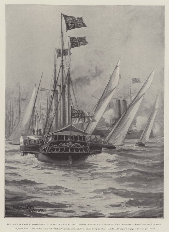 Le prince de Galles à Cowes, arrivée du prince le samedi soir, 30 juillet, salut royal par le HMS Crescent, capitaine le duc d