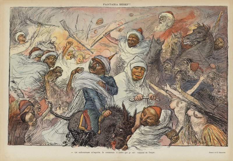 Satire sur la visite du Kaiser Wilhelm II à Tanger en 1905. Illustration pour Le Rire - Charles Leandre