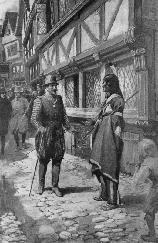 Le capitaine John Smith rencontre un ami indien rouge de Virginie en se promenant sur The Strand à Londres - Charles Mills (after) Sheldon