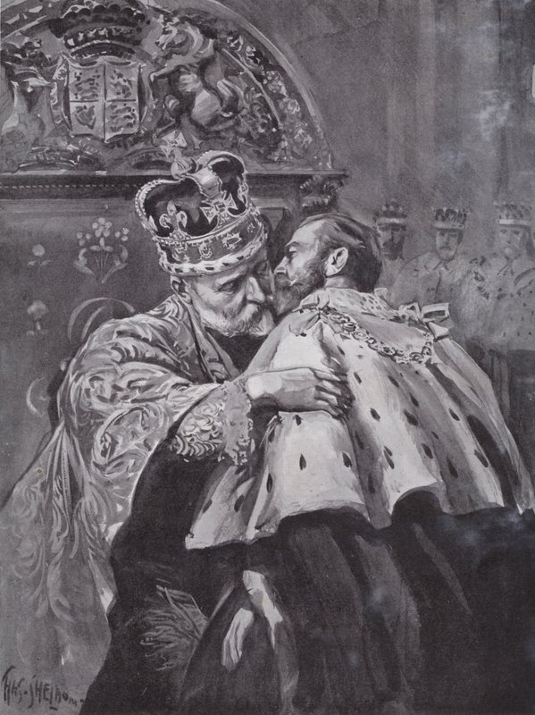 Le roi Édouard VII embrassant son fils, le prince de Galles, lors du couronnement du roi, abbaye de Westminster, Londres - Charles Mills (after) Sheldon