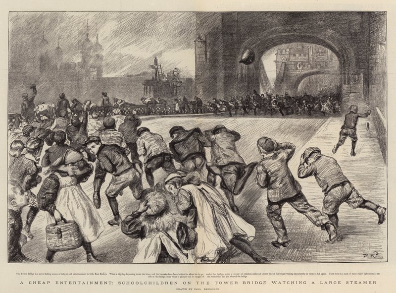 Un divertissement bon marché, des écoliers sur le Tower Bridge regardant un grand vapeur - Charles Paul Renouard