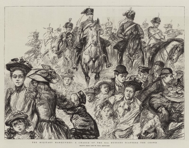 Les manœuvres militaires, une charge des 8e hussards disperse la foule - Charles Paul Renouard