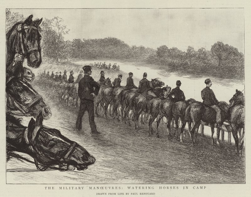 Les manœuvres militaires, abreuver les chevaux au camp - Charles Paul Renouard