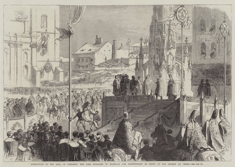 Couronnement du roi de Hongrie, le roi jurant de maintenir la Constitution devant l