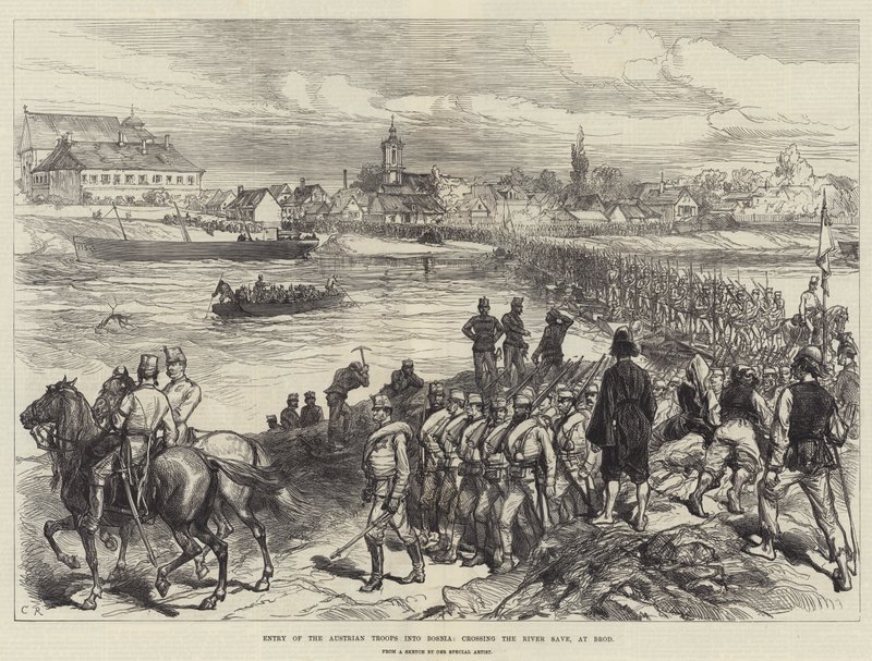 Entrée des troupes autrichiennes en Bosnie, traversant la rivière Save, à Brod - Sir John Charles Robinson
