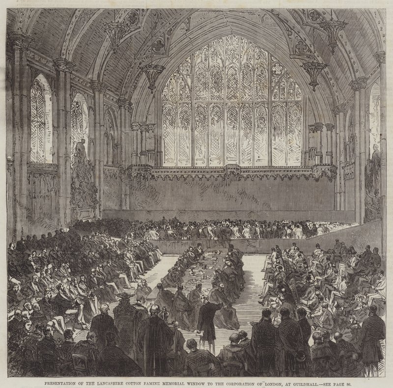 Présentation de la fenêtre commémorative de la famine du coton du Lancashire à la Corporation de Londres, au Guildhall - Sir John Charles Robinson