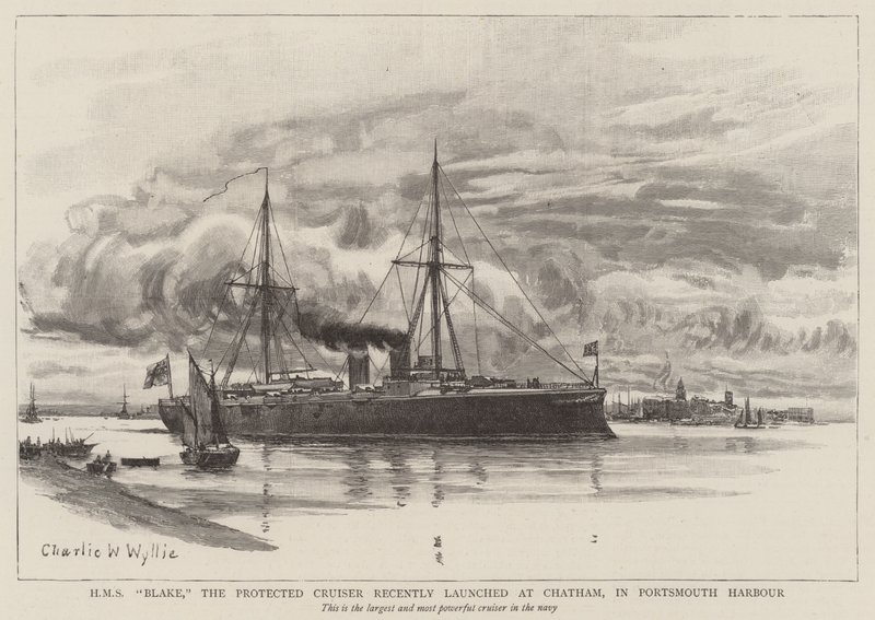 HMS Blake, le croiseur protégé récemment lancé à Chatham, dans le port de Portsmouth - Charles William Wyllie
