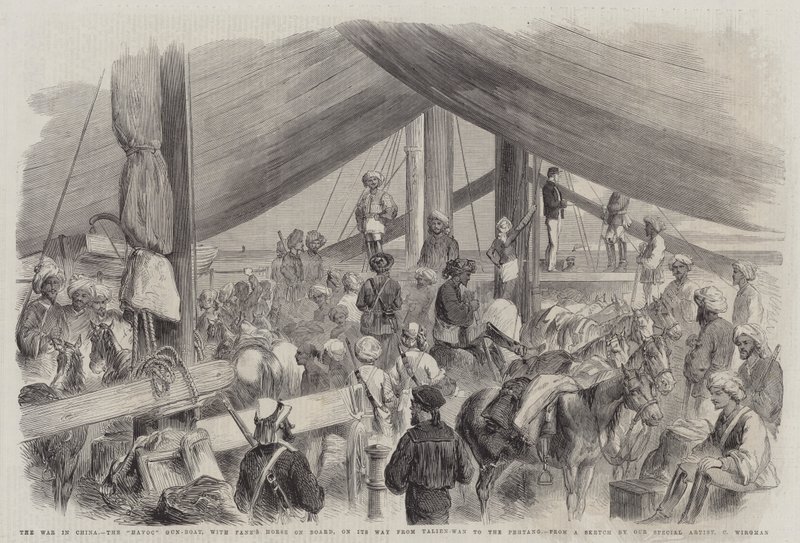La guerre en Chine, la canonnière Havoc, avec le cheval de Fane à bord, en route de Talien-Wan à Pehtang - Charles Wirgman
