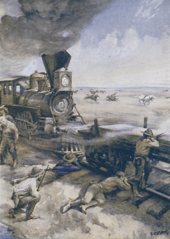 Un train traversant les prairies attaqué par des Indiens d