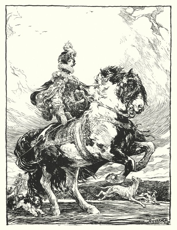 Femme en costume Tudor chassant à cheval - Christopher (after) Clark